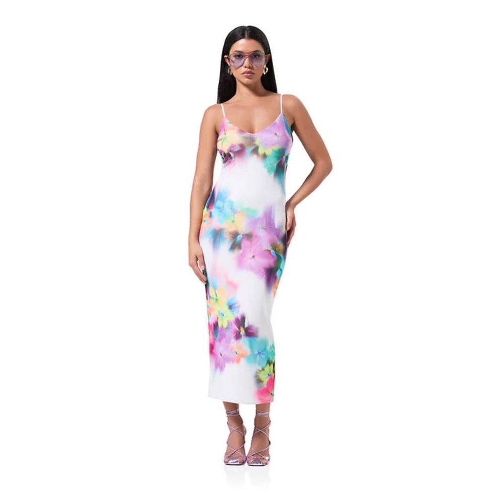 AFRM White Midi Slip Dress with Multicolor Floral Print